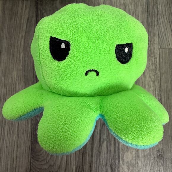 TeeTurtle Reversible Octopus Plush Toy Green Blue Mood Flip Happy Sad Face - Picture 2 of 5